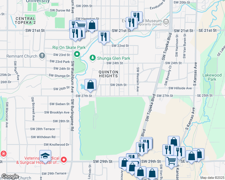 map of restaurants, bars, coffee shops, grocery stores, and more near 2624 Southwest Clay Street in Topeka