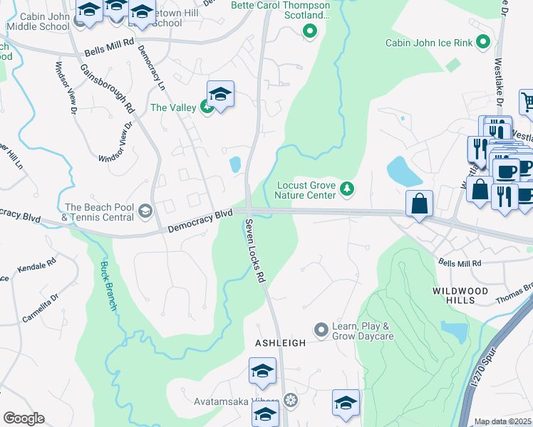 map of restaurants, bars, coffee shops, grocery stores, and more near 7 Seven Locks Court in Bethesda