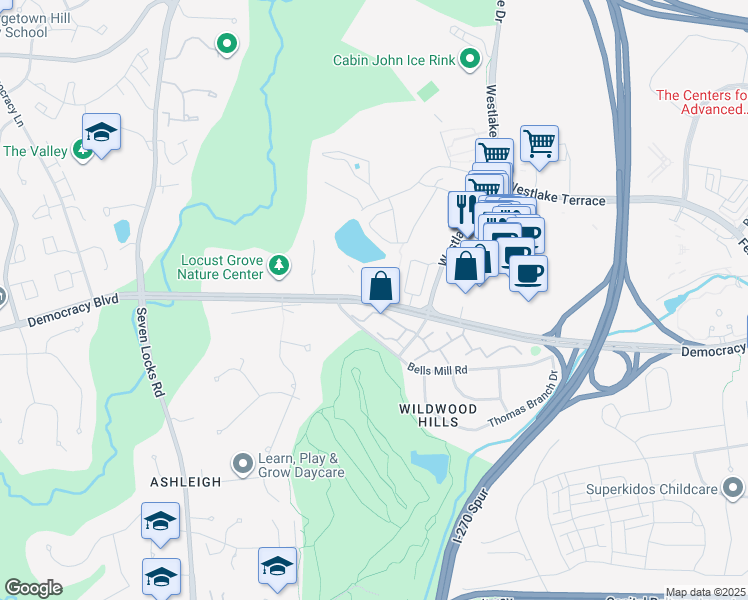 map of restaurants, bars, coffee shops, grocery stores, and more near 7501 Democracy Boulevard in Bethesda