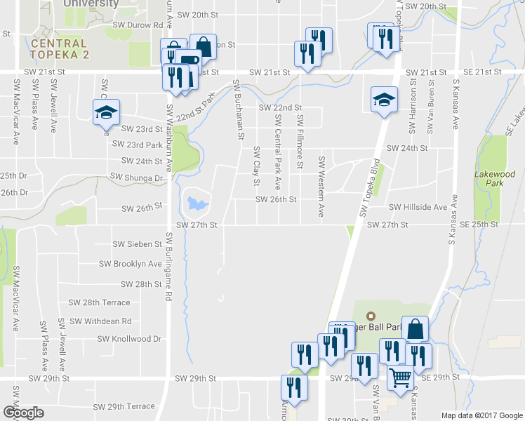 map of restaurants, bars, coffee shops, grocery stores, and more near 2614 Southwest Clay Street in Topeka