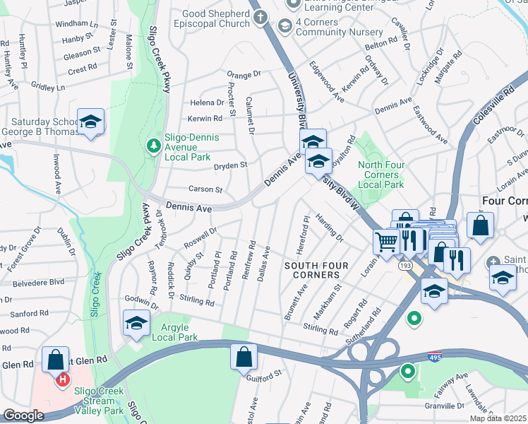 map of restaurants, bars, coffee shops, grocery stores, and more near 10117 Renfrew Road in Silver Spring