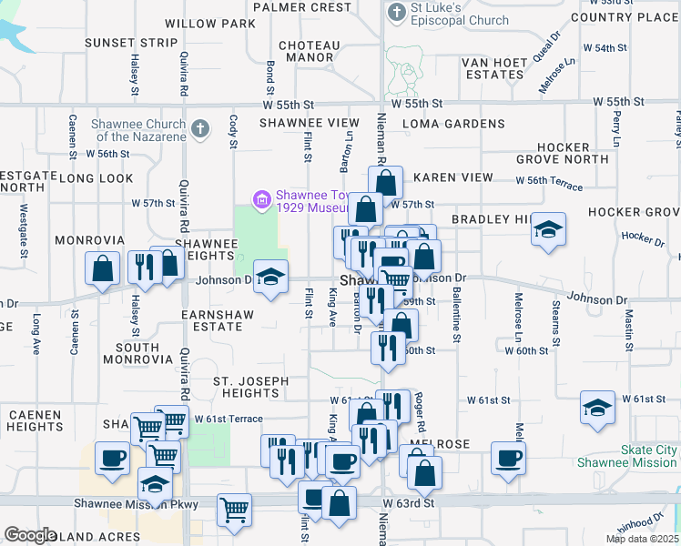 map of restaurants, bars, coffee shops, grocery stores, and more near 11209 Johnson Drive in Shawnee