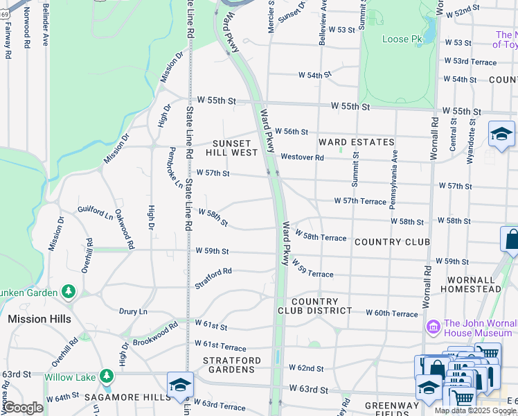 map of restaurants, bars, coffee shops, grocery stores, and more near 1210 West 58th Street in Kansas City