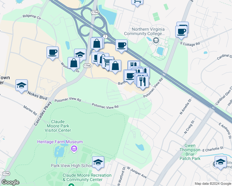 map of restaurants, bars, coffee shops, grocery stores, and more near 46294 Mount Milstead Terrace in Sterling