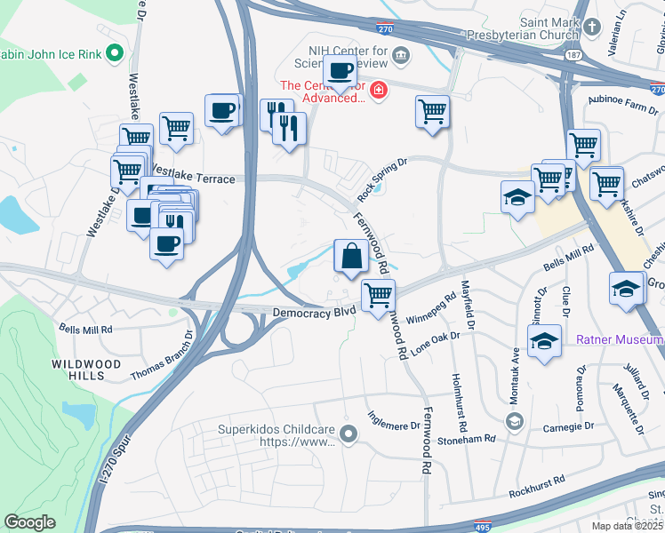 map of restaurants, bars, coffee shops, grocery stores, and more near 6707 Democracy Boulevard in Bethesda