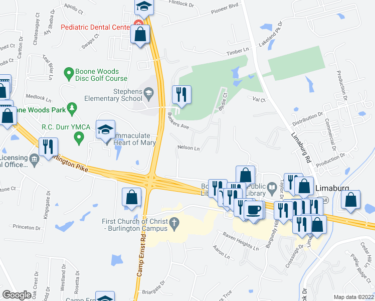 map of restaurants, bars, coffee shops, grocery stores, and more near 4055 Nelson Lane in Burlington