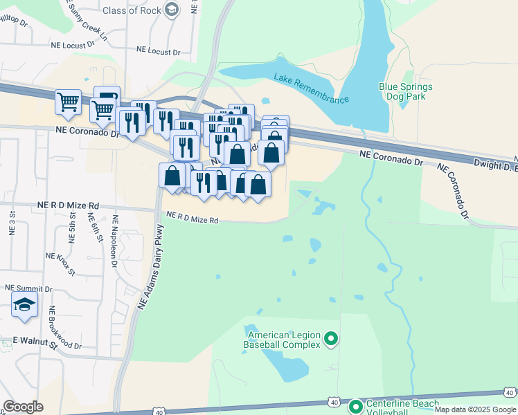 map of restaurants, bars, coffee shops, grocery stores, and more near 1280 Northeast Coronado Drive in Blue Springs