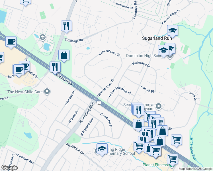 map of restaurants, bars, coffee shops, grocery stores, and more near 104 Cardinal Glen Circle in Sterling