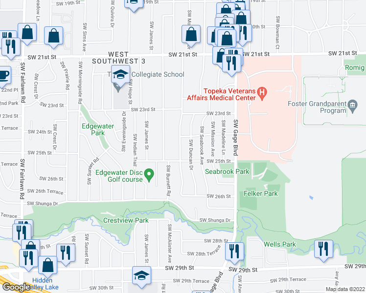 map of restaurants, bars, coffee shops, grocery stores, and more near 2412 Southwest Moundview Drive in Topeka