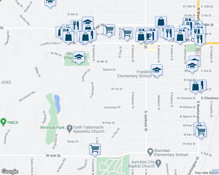 map of restaurants, bars, coffee shops, grocery stores, and more near 732 West 1st Street in Junction City
