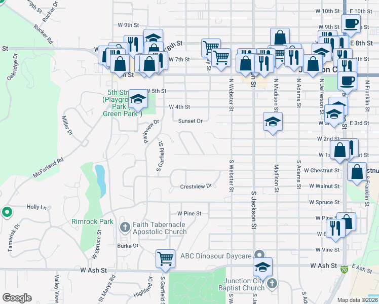 map of restaurants, bars, coffee shops, grocery stores, and more near 736 West 1st Street in Junction City