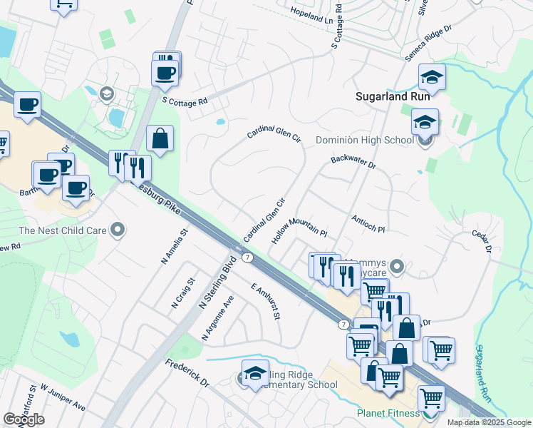map of restaurants, bars, coffee shops, grocery stores, and more near 104 Cardinal Glen Circle in Sterling