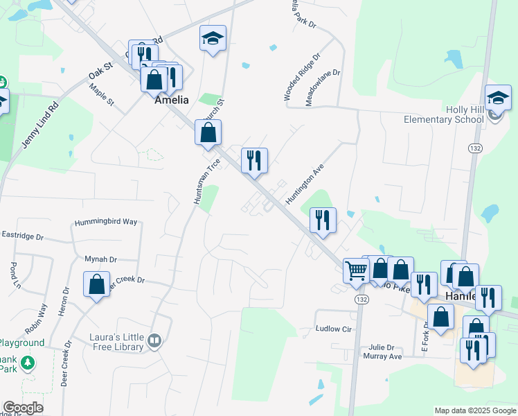 map of restaurants, bars, coffee shops, grocery stores, and more near 22 Parkwood Place in Amelia