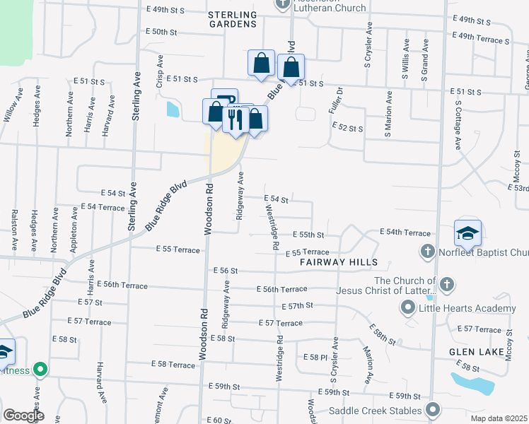 map of restaurants, bars, coffee shops, grocery stores, and more near 12000 East 55th Street in Kansas City