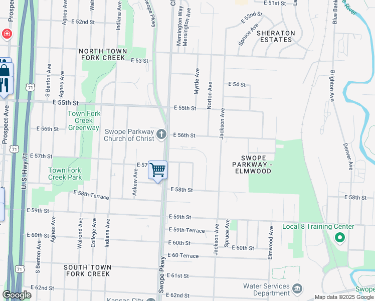 map of restaurants, bars, coffee shops, grocery stores, and more near 5701 Myrtle Avenue in Kansas City