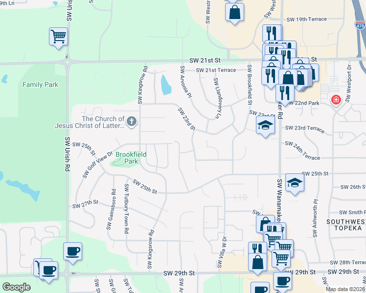 map of restaurants, bars, coffee shops, grocery stores, and more near 2418-2422 Southwest Brookhaven Lane in Topeka