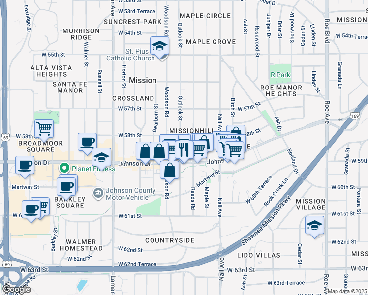 map of restaurants, bars, coffee shops, grocery stores, and more near 5710 Johnson Drive in Mission