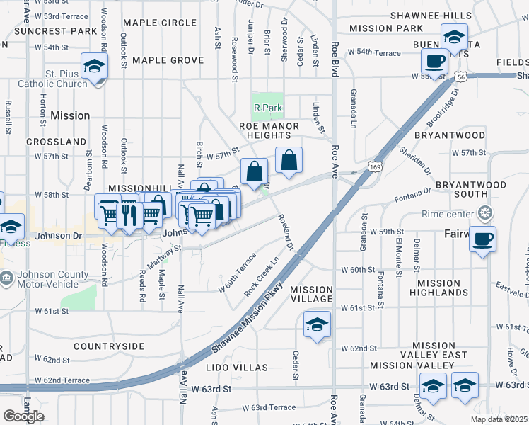 map of restaurants, bars, coffee shops, grocery stores, and more near 4976 West 60th Terrace in Mission