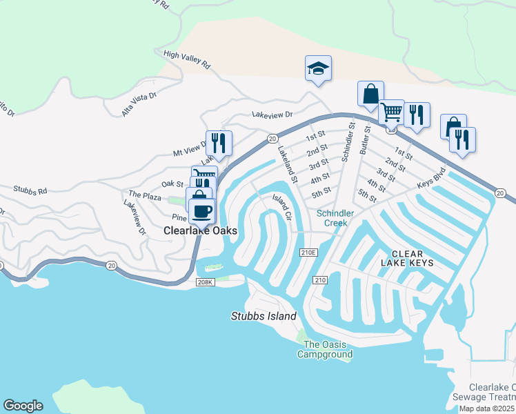 map of restaurants, bars, coffee shops, grocery stores, and more near 12773 Island Circle in Clearlake Oaks