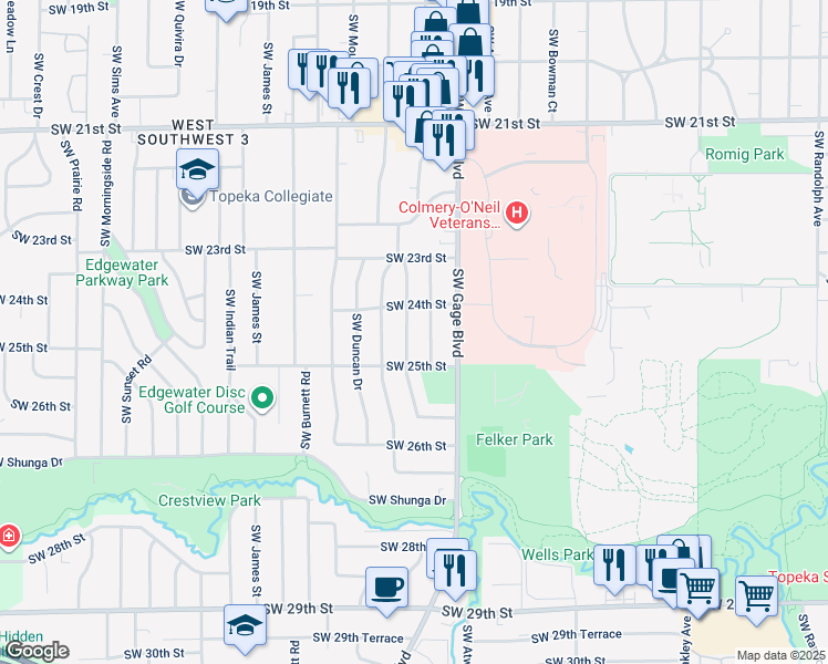 map of restaurants, bars, coffee shops, grocery stores, and more near 2416 Southwest Mission Avenue in Topeka