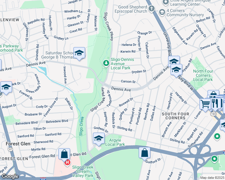 map of restaurants, bars, coffee shops, grocery stores, and more near 1124 Dennis Avenue in Silver Spring
