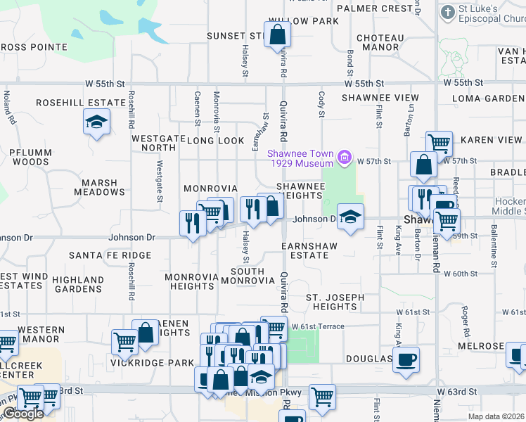 map of restaurants, bars, coffee shops, grocery stores, and more near 11973 Johnson Drive in Shawnee