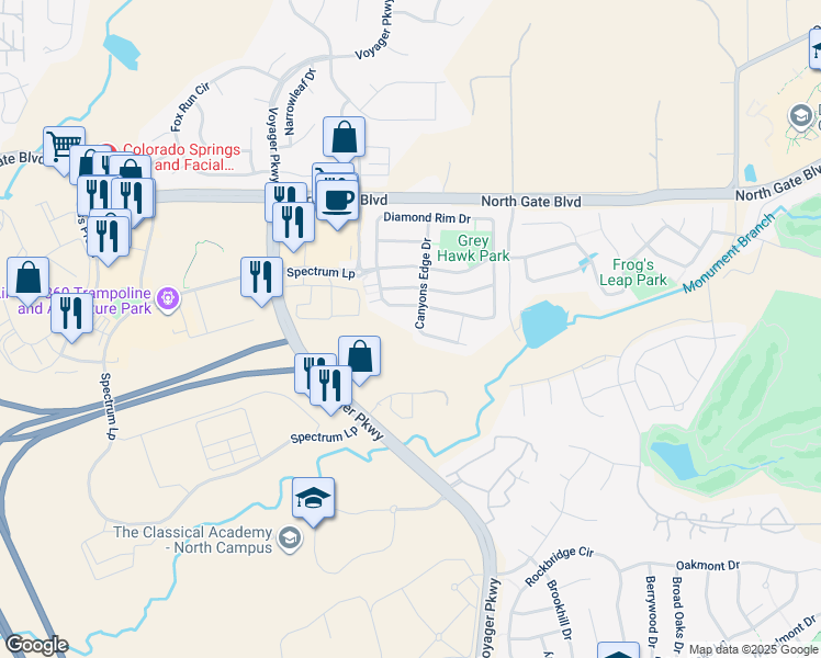 map of restaurants, bars, coffee shops, grocery stores, and more near 13166 Canyons Edge Drive in Colorado Springs