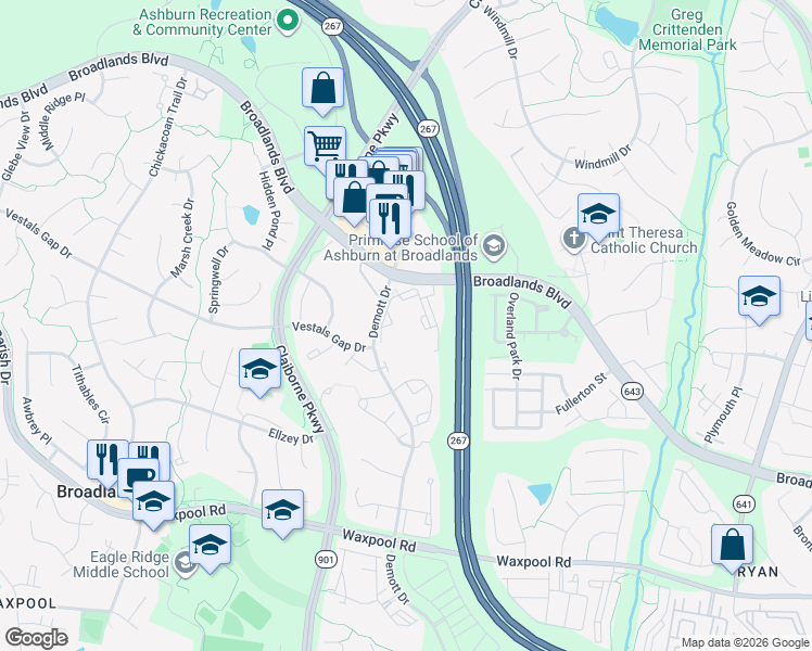 map of restaurants, bars, coffee shops, grocery stores, and more near 43170 Thistledown Terrace in Ashburn