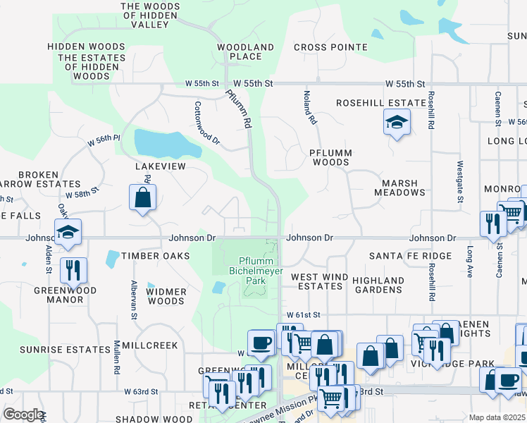 map of restaurants, bars, coffee shops, grocery stores, and more near 5803 Summit in Shawnee