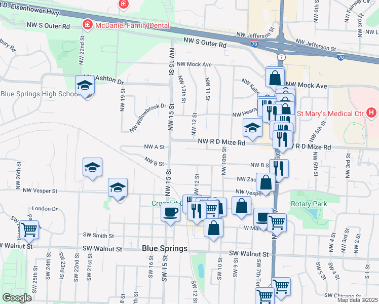map of restaurants, bars, coffee shops, grocery stores, and more near 1416 Northwest A Street in Blue Springs