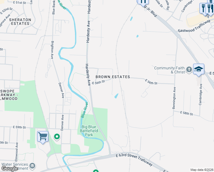 map of restaurants, bars, coffee shops, grocery stores, and more near 5624 East 56th Street in Kansas City