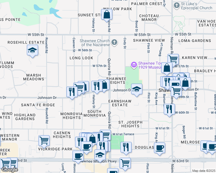 map of restaurants, bars, coffee shops, grocery stores, and more near 5741 Quivira Road in Shawnee