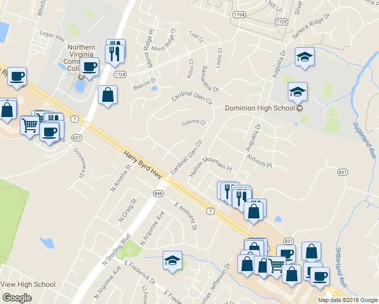 map of restaurants, bars, coffee shops, grocery stores, and more near 106 Cardinal Glen Circle in Sterling