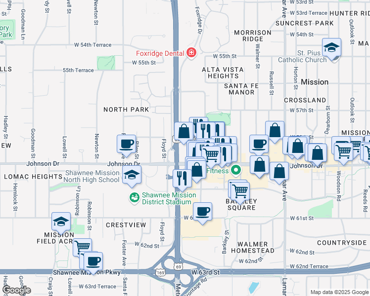 map of restaurants, bars, coffee shops, grocery stores, and more near 5775 Foxridge Drive in Mission