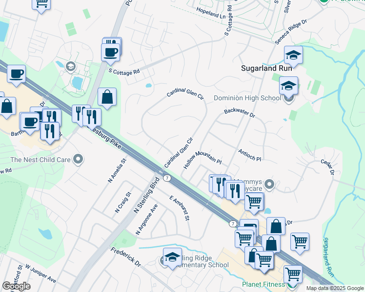 map of restaurants, bars, coffee shops, grocery stores, and more near 106 Cardinal Glen Circle in Sterling