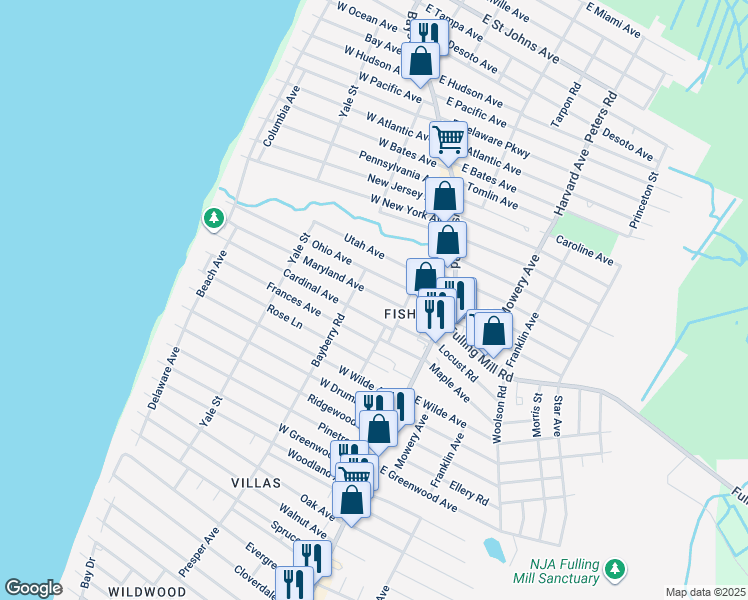 map of restaurants, bars, coffee shops, grocery stores, and more near 22 Maryland Avenue in Lower Township