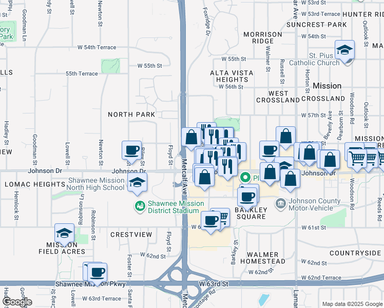 map of restaurants, bars, coffee shops, grocery stores, and more near 5800 Foxridge Drive in Mission