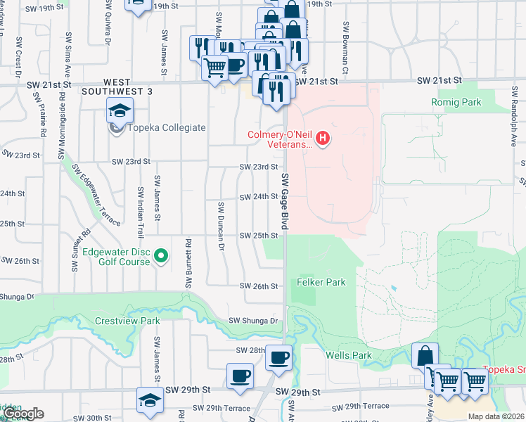 map of restaurants, bars, coffee shops, grocery stores, and more near 2400 Southwest Mission Avenue in Topeka