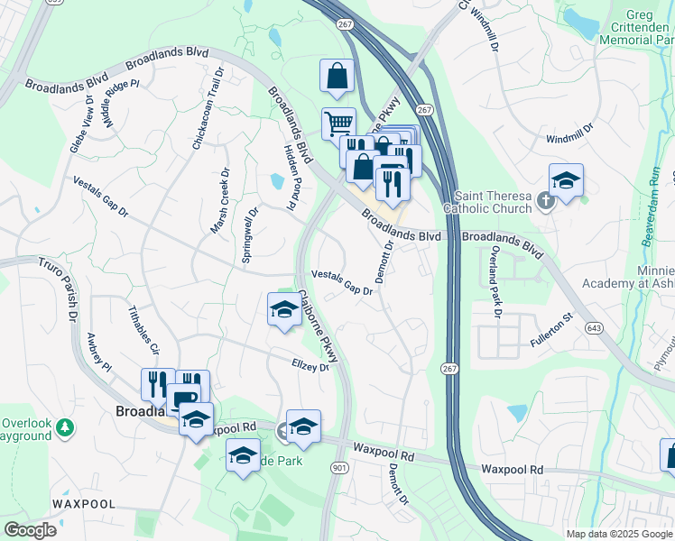map of restaurants, bars, coffee shops, grocery stores, and more near 43117 Hunters Green Square in Broadlands
