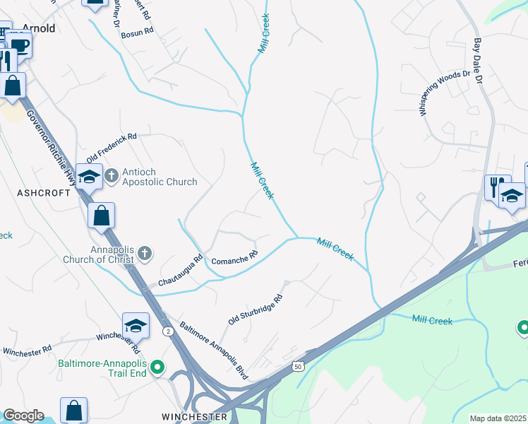 map of restaurants, bars, coffee shops, grocery stores, and more near 126 Chautaugua Road in Arnold