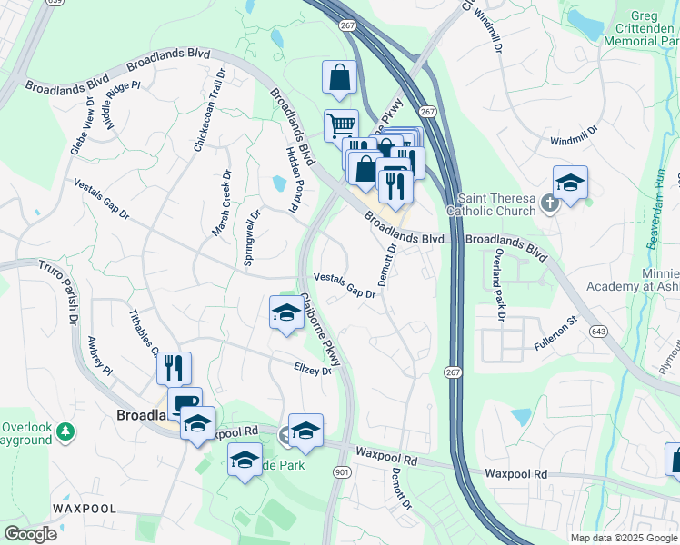 map of restaurants, bars, coffee shops, grocery stores, and more near 43117 Hunters Green Square in Broadlands