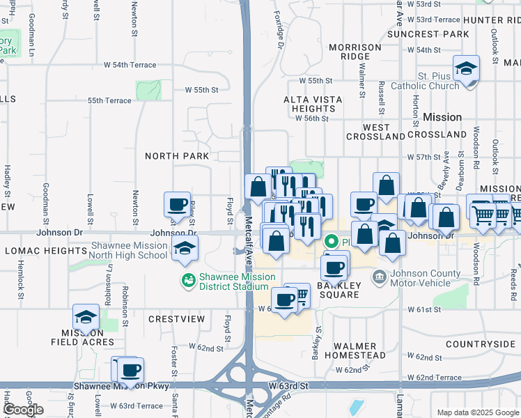 map of restaurants, bars, coffee shops, grocery stores, and more near 5800 Foxridge Drive in Mission