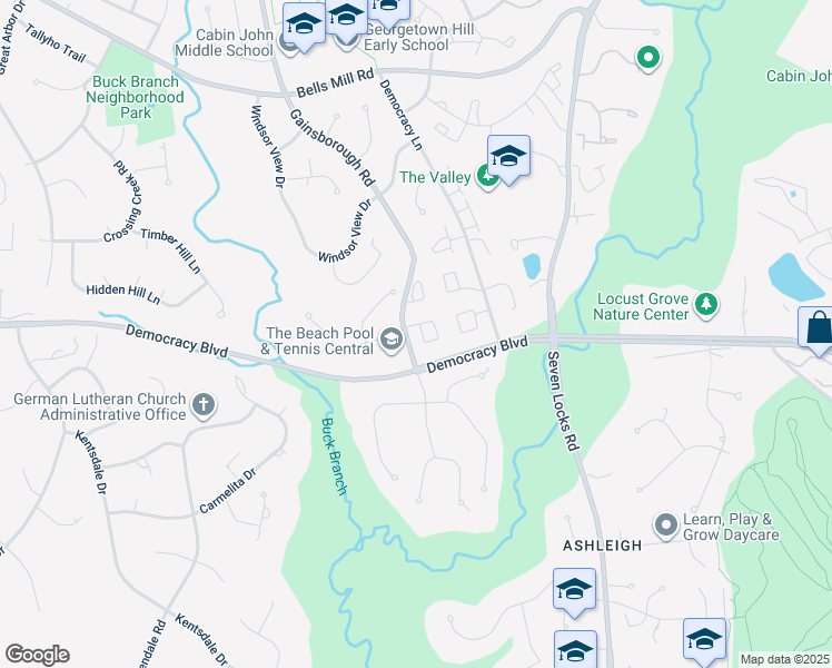 map of restaurants, bars, coffee shops, grocery stores, and more near 10203 Gainsborough Road in Potomac