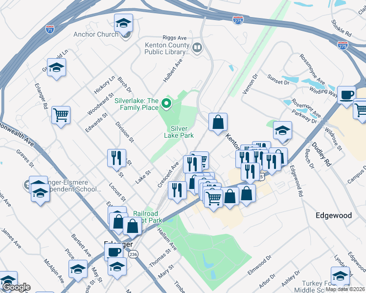 map of restaurants, bars, coffee shops, grocery stores, and more near 3144 Crescent Avenue in Erlanger