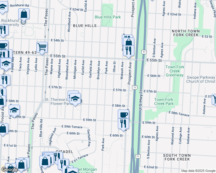 map of restaurants, bars, coffee shops, grocery stores, and more near 5617 Park Avenue in Kansas City