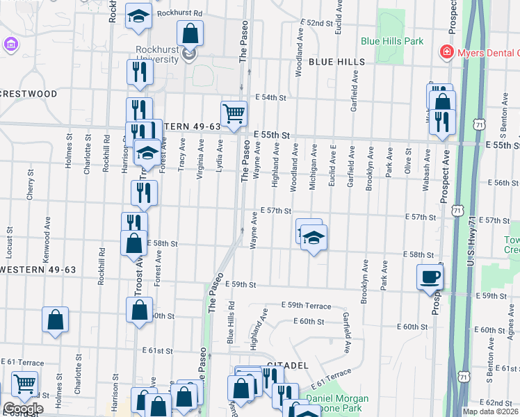 map of restaurants, bars, coffee shops, grocery stores, and more near 5626 Highland Avenue in Kansas City