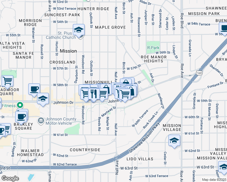 map of restaurants, bars, coffee shops, grocery stores, and more near 5739 Maple Street in Mission
