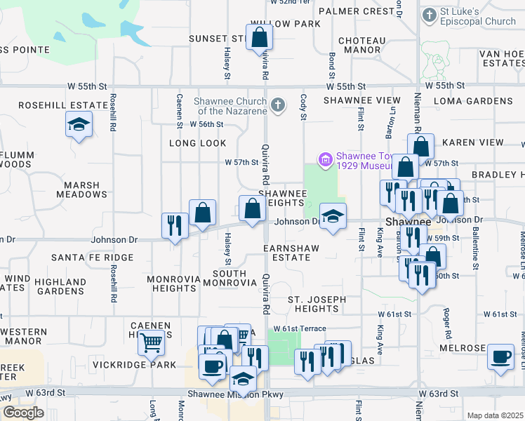map of restaurants, bars, coffee shops, grocery stores, and more near 5741 Quivira Road in Shawnee