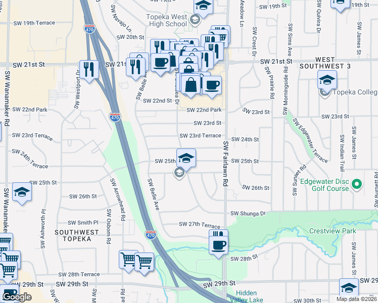 map of restaurants, bars, coffee shops, grocery stores, and more near 5400 SW 24th St in Topeka