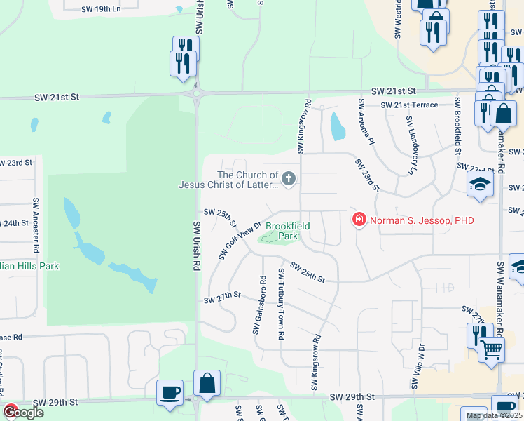 map of restaurants, bars, coffee shops, grocery stores, and more near 2438 Southwest Golf View Court in Topeka